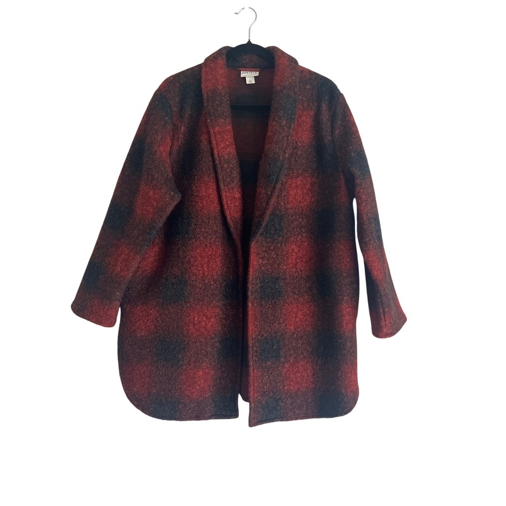 Ava & Viv Rust Black Buffalo Plaid Boucle Open Front Cardigan Jacket Size X (14)